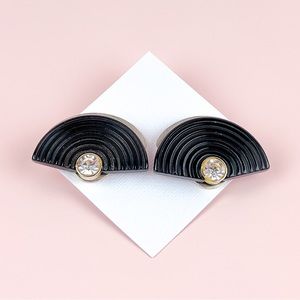 Vintage 1980’s Art Deco Style Black With Rhinestones Clip On Earrings